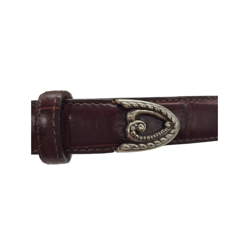VTG Brighton Brown Leather Belt Silver Heart Buckle Croc Embossed Small‎ 28